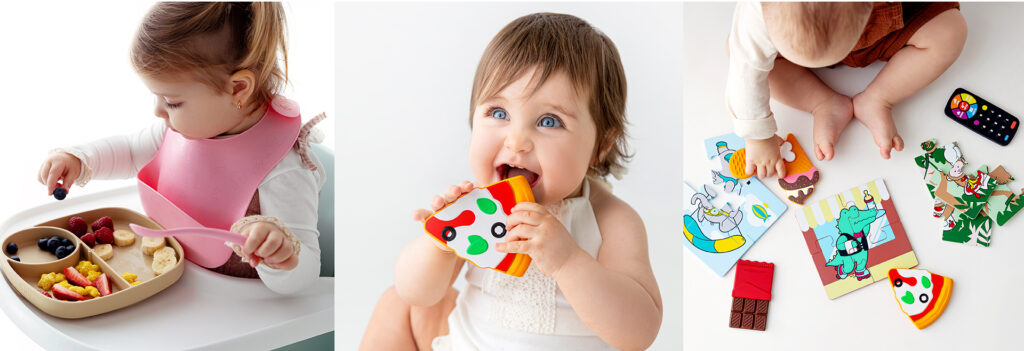 Fotografie ambientate di bambini che usano accessori per la pappa Muchmellow in silicone, come bavaglini, piatti e cucchiai. Immagini lifestyle per il progetto di branding curato da Meloria.