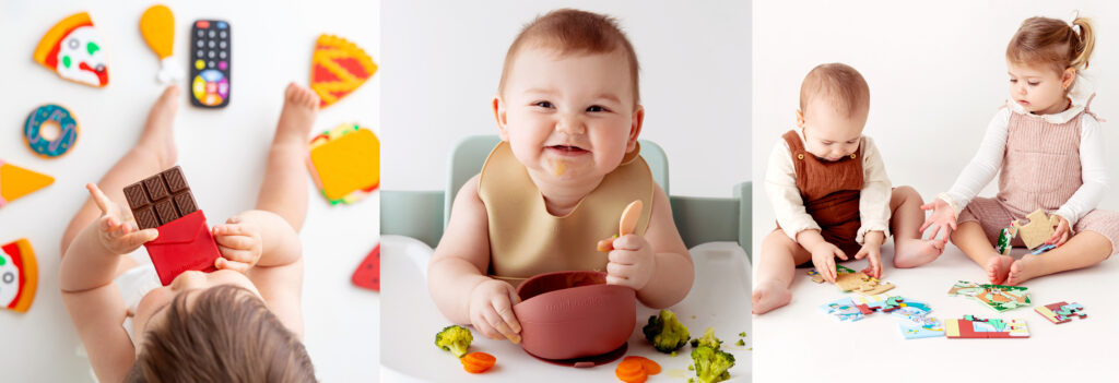 Bambini che giocano con massaggiagengive Muchmellow ispirati al cibo e puzzle illustrati. Contesto giocoso e creativo, in linea con l’identità visiva sviluppata da Meloria.