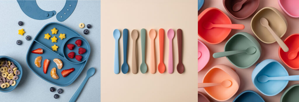 Still life di prodotti Muchmellow in silicone colorato: piatti divisi, cucchiaini ergonomici e ciotole per bambini. Scatti realizzati per valorizzare design, sicurezza e funzionalità, nel progetto di comunicazione firmato Meloria.