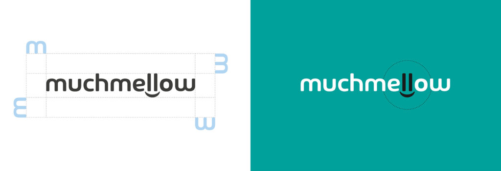 Logo Muchmellow su sfondo bianco e turchese con indicazioni grafiche. Identità visiva giocosa e moderna, progettata da Meloria per comunicare sicurezza e allegria.