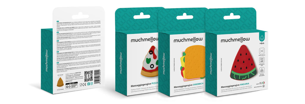 Confezioni dei massaggiagengive Muchmellow a forma di pizza, sandwich e anguria, realizzati in silicone 100% sicuro per bambini. Design colorato, made in Italy, fotografato per il caso studio Meloria.